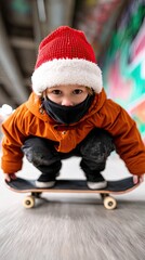 Dreamy visual theme - Child Enjoying Skateboarding in Winter Clothing with Graffiti Background - surreal emotional atmosphere