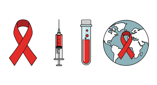 World AIDS Day vector icons: red ribbon, syringe, test tube, globe - Powered by Adobe