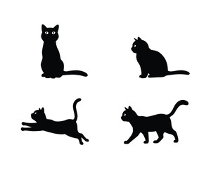 Four distinct black cat silhouettes showcasing various playful and elegant poses on a clean white background