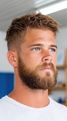 Dreamy visual theme - Portrait of a Bearded Young Man with Blue Eyes in Natural Light Setting - surreal emotional atmosphere