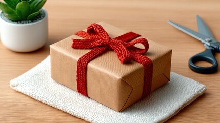 Dreamy visual theme - Elegant Gift Box Wrapped with Red Ribbon on Wooden Table - surreal emotional atmosphere