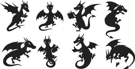 Dragon silhouette illustration, mythical creature poses, fantasy design, flying dragon vector, legendary beast artwork, monster concept, mythology theme, tattoo design