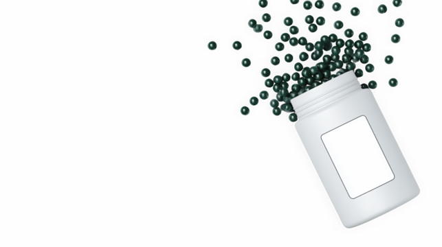 White bottle spilling green beads scattered