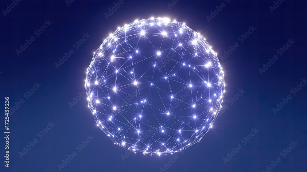 Poster abstract representation of a glowing spherical network with luminous connections on a dark blue back