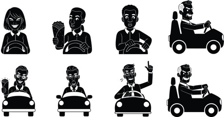 Driver silhouette illustrations with steering wheel, car emotions, smiling, angry, pointing, holding flowers, expressive driving behavior artwork design sequence