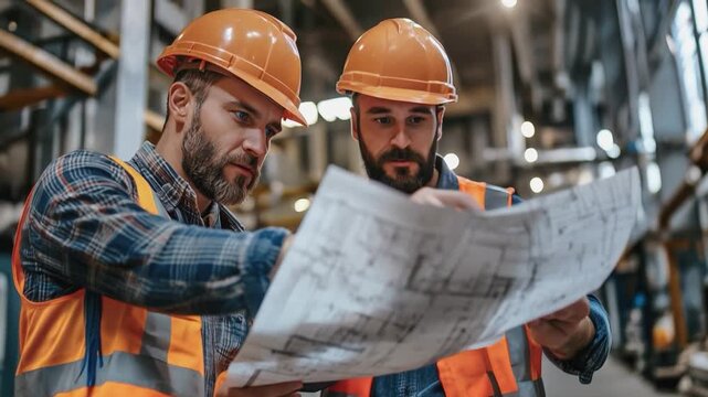 Blueprint Inspection: Two focused engineers meticulously review a detailed blueprint, their faces etched with concentration.