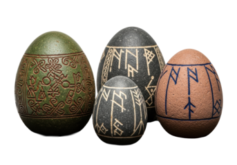 Ancient, crude moss green, charcoal, terracotta stone eggs with faded runic patterns on dark earth, transparent minimalist background, enigmatic ancient mysteries