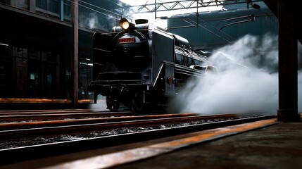 A powerful, vintage steam locomotive emitting steam and smoke on the platform of an industrial train depot.