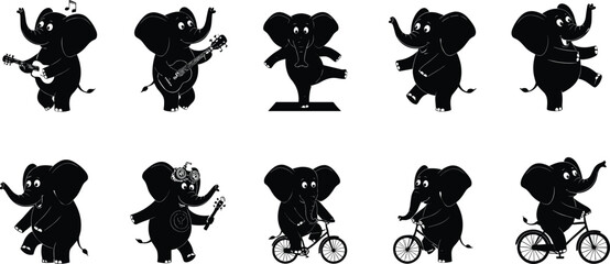 Elephant silhouette illustration, cartoon elephant poses, funny elephant artwork, dancing elephant design, elephant playing guitar, elephant riding bicycle, animal character vector