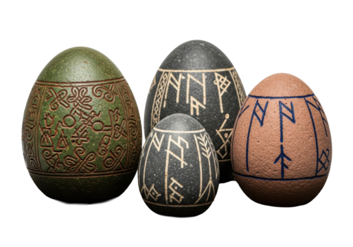 Ancient, crude moss green, charcoal, terracotta stone eggs with faded runic patterns on dark earth, transparent minimalist background, enigmatic ancient mysteries