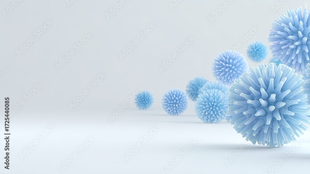 Poster abstract representation of blue microorganisms floating in a minimalist space with a clean backgroun