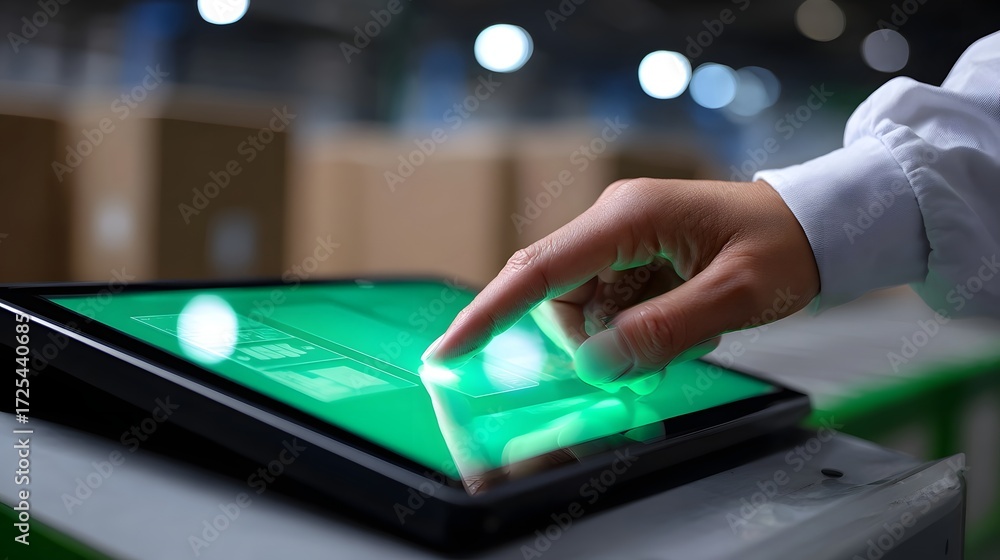 Poster close-up of a hand interacting with a digital touchscreen device, the display showing a vibrant gree