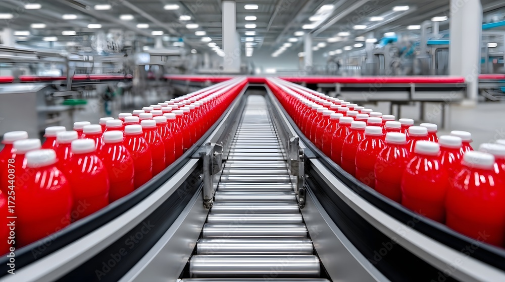 Poster rows of red automated conveyor belts stretching out in a large, open warehouse space, showcasing the