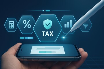Hand holding smartphone with holographic secure tax payment financial icons
