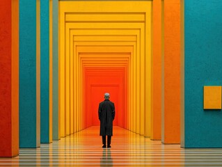 Minimalist vector illustration of a person in an orange and red box standing before a white striped wall, with vibrant blue and yellow background emphasizing bold color contrasts. Ideal for digital ar