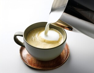milk frother creating delicious foam for coffee cappuccino latte or matcha white background