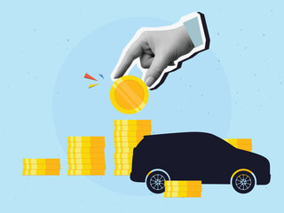A hand places a golden coin on top of a stack near a car silhouette. Cost and purchase of a car. Modern collage style. Vector illustration