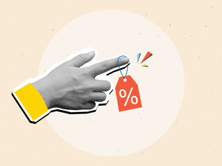 Black and white hand holding a red label with a percent sign - sale concept. Modern collage style. Vector illustration