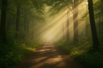 Fototapeta premium Sunlight Beams Through Misty Forest Illuminating a Serene Woodland Path