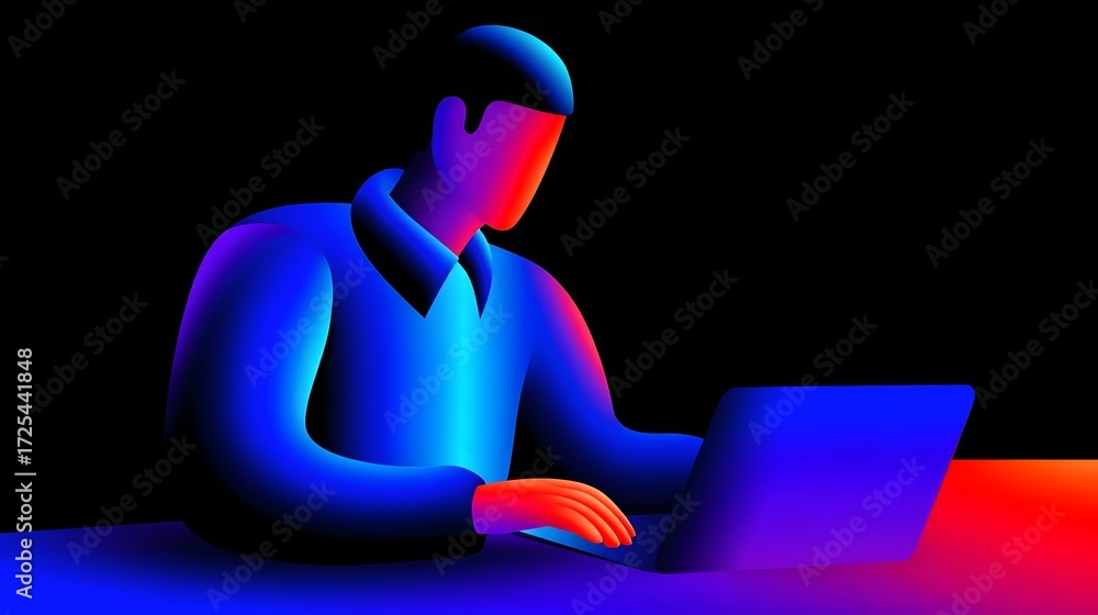 Poster a person sitting at a desk and working on a laptop computer in a dark, minimalist workspace with col