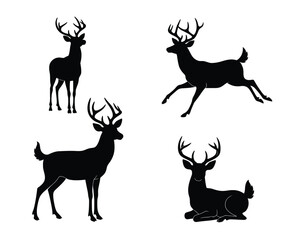 Collection of four black deer silhouettes in different poses standing running and sitting against white background