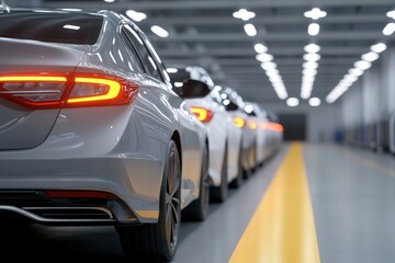 Obraz premium A sleek line of new, light-colored cars with glowing red taillights, parked neatly in a modern assembly plant or showroom.