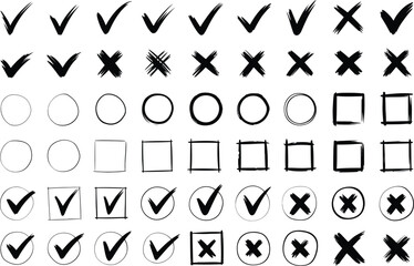 Check marks cross marks circles squares hand drawn illustration