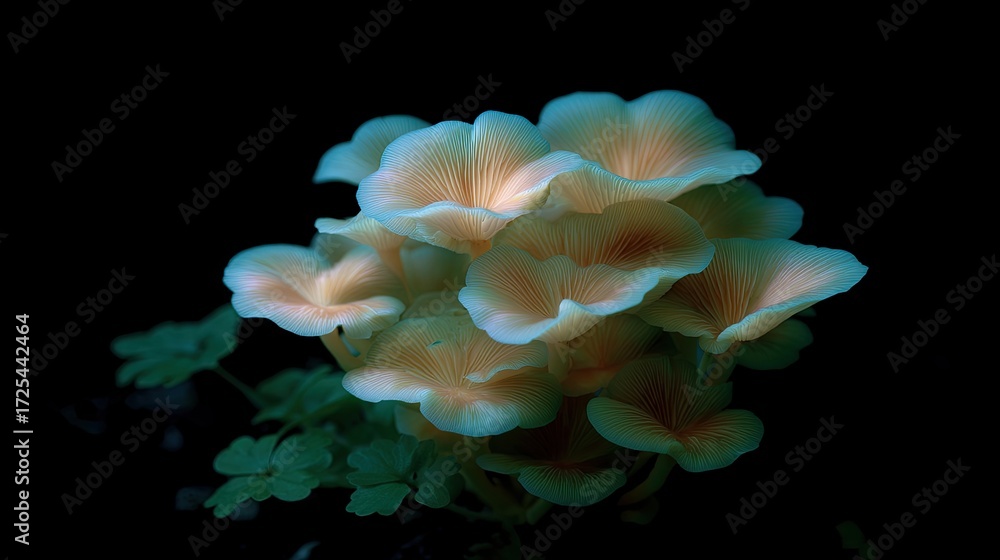 Poster glowing mushrooms in dark environment with soft blue and orange lighting creating a mystical atmosph
