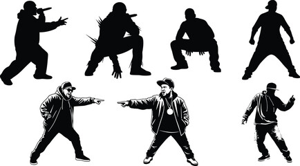 Hip hop silhouette performers, rap singer poses, street dance movement, urban culture illustration, microphone artist, rapper vector art, black stylish design
