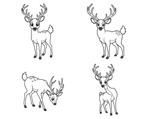 Four stylized line art illustrations of young deer with antlers in various poses on a white background
