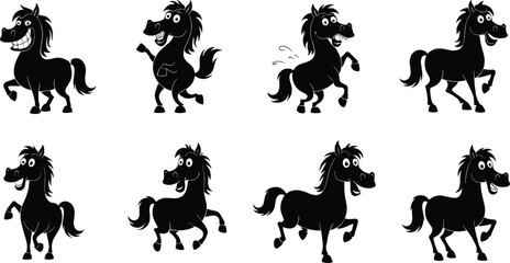 Horse silhouette cartoon, black horse illustration, expressive horse poses, funny horse artwork, animal character design, horse vector drawing, horse emotions, horse clipart