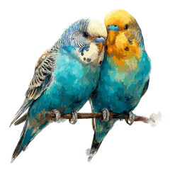 Obraz premium Pair of Colorful Budgerigars Sitting Together on Branch
