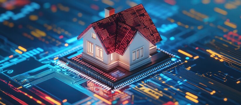 A miniature house sits atop a computer chip, overlaid on a circuit board background - Powered by Adobe