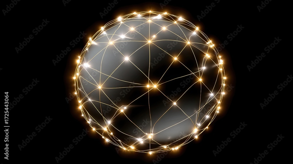 Poster illuminated global network sphere with bright nodes representing connectivity and data flow in a dig