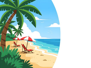 Summer Beach Scene with Palm Trees and Umbrellas