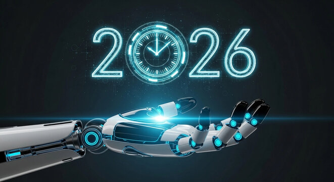 2026 Future Technology Concept - Robot Hand with Clock - Powered by Adobe