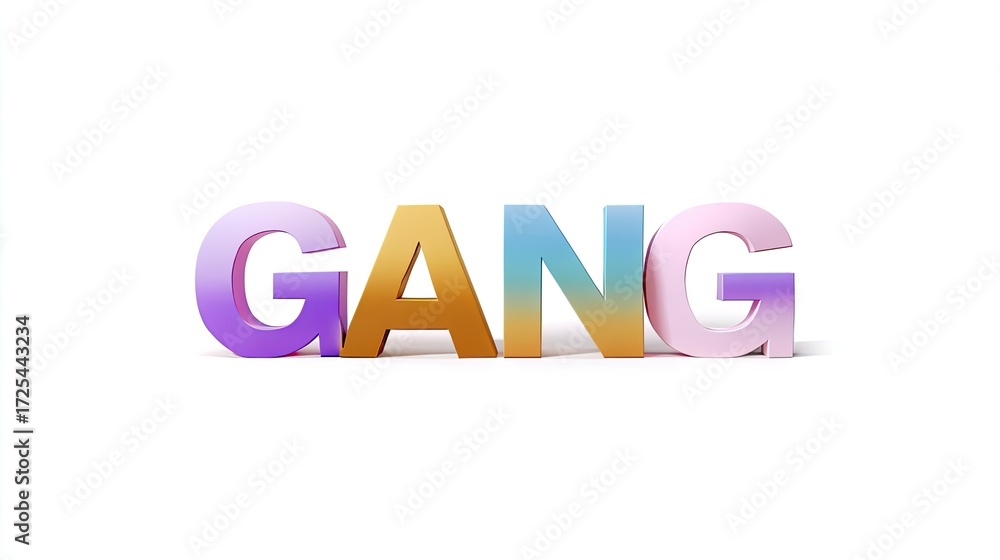 Poster colorful 3d text design featuring the word gang with a gradient effect on a white background
