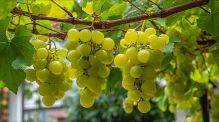 Green grape clusters hanging on a vine in a vineyard with lush green leaves in natural sunlight
