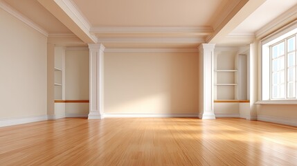 Fototapeta premium Bright and Spacious Empty Room with Wooden Floor and Elegant Architectural Details