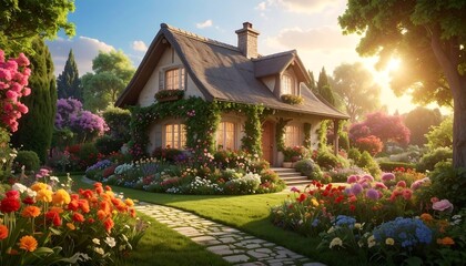 Charming cottage nestled in a vibrant, sunlit garden