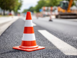 An orange and white traffic cone stands prominently on a newly paved road, with road construction activity visible in the blurred background.