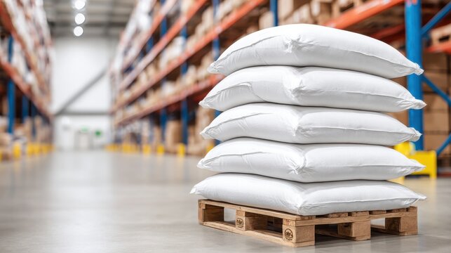 A stack of white sacks filled with goods sits on a wooden pallet in a blurred warehouse setting with high shelving and inventory.