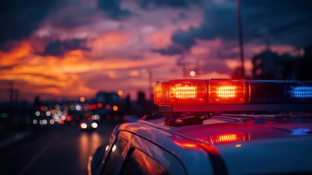 Police car lights glow at sunset while parked on a busy street. The vibrant sky sets a dramatic backdrop. This scene captures the urgency of law enforcement in action