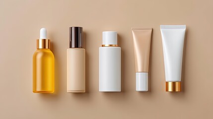 Elegant Arrangement of Cosmetic Containers on a Soft Beige Background for Beauty and Skincare Themes