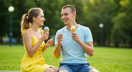 Young couple enjoying ice cream in the park on a sunny summer day