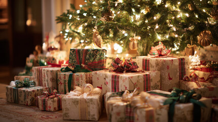 pile of traditionally wrapped christmas gifts under decorated tree
