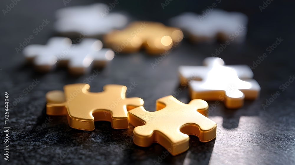 Poster An arrangement of golden jigsaw puzzle pieces interlocking against a dark backdrop, representing the process of finding solutions through collabo n and problem-solving.