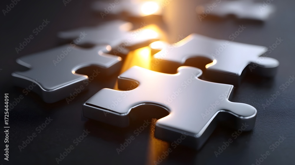 Poster close-up of interlocking puzzle pieces arranged on a dark surface, with a warm light illuminating th