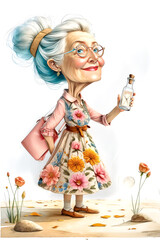 Elderly Woman Holding a Message in a Bottle on the Beach, Smiling in Floral Dress and Glasses, Enjoying Retirement