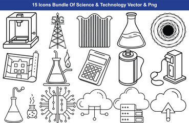 15 science and technology icons bundle for digital projects and presentations isolated on transparent background